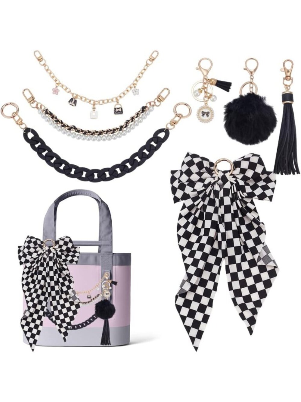 Chic 5pcs Tote Bag Decor Kit - Houndstooth Bow, Tassel, Pearl Charms & Pom Poms